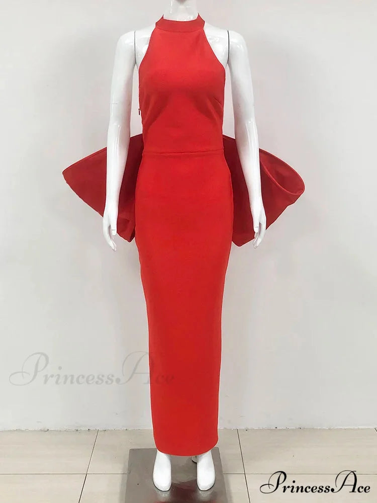 Sexy Halter Neck Backless Bow Design Red Sleeveless Bodycon Christmas Party Dress Red / XS
