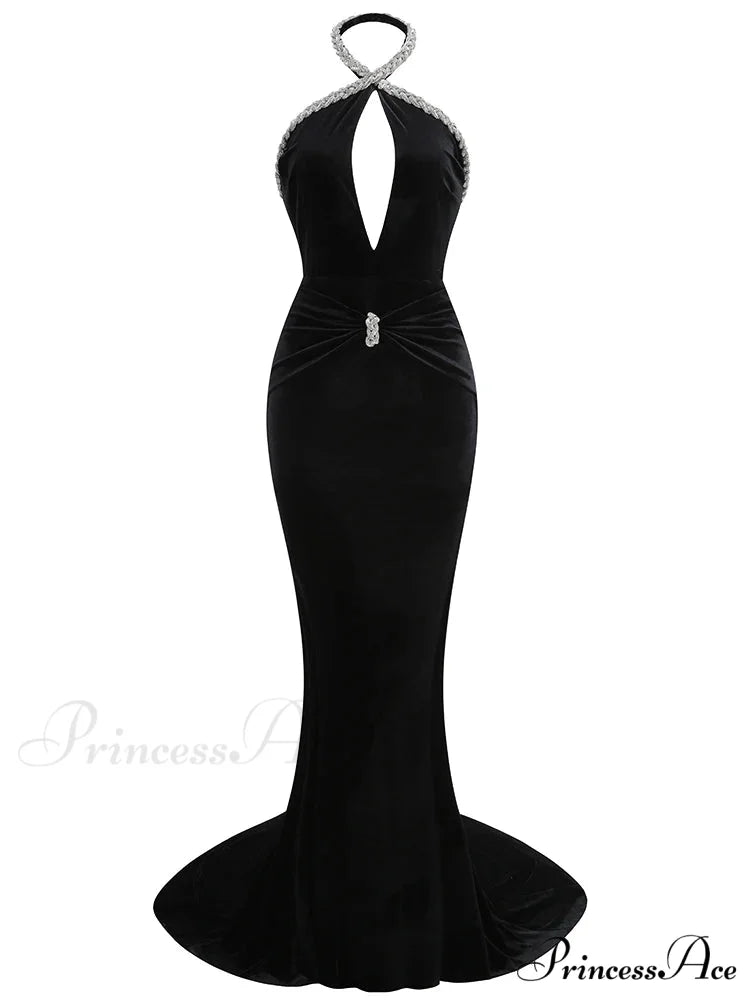Sexy Halter Neck Diamonds Chain Hollow Out Black Velvet Sleeveless Christmas Party Dress Black / XS