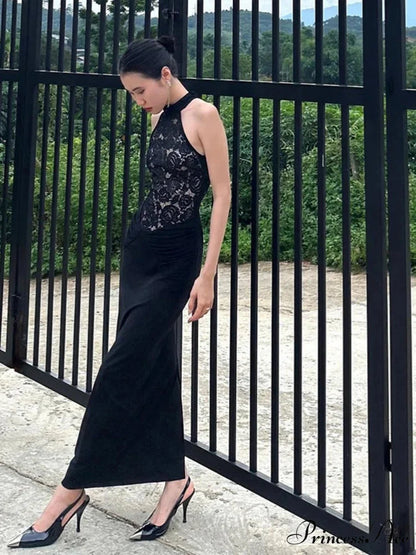Sexy Halter Neck Lace Patchwork Folds Black Sleeveless Backless Christmas Party Dress