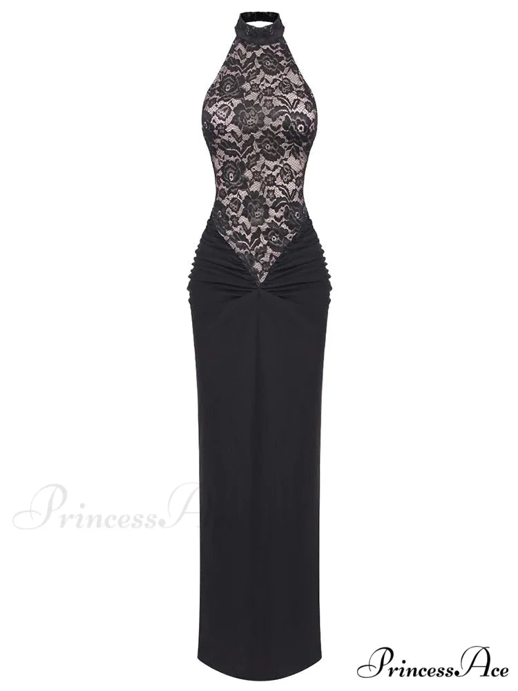 Sexy Halter Neck Lace Patchwork Folds Black Sleeveless Backless Christmas Party Dress Black / XS