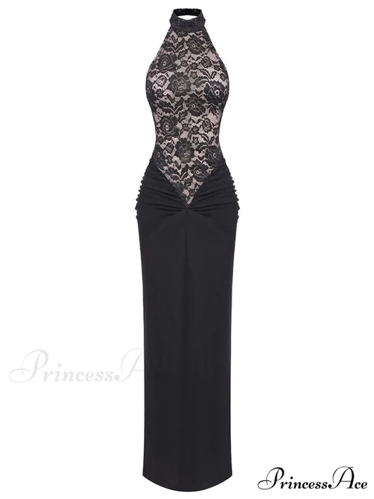 Sexy Halter Neck Lace Patchwork Folds Black Sleeveless Backless Christmas Party Dress Black / XS