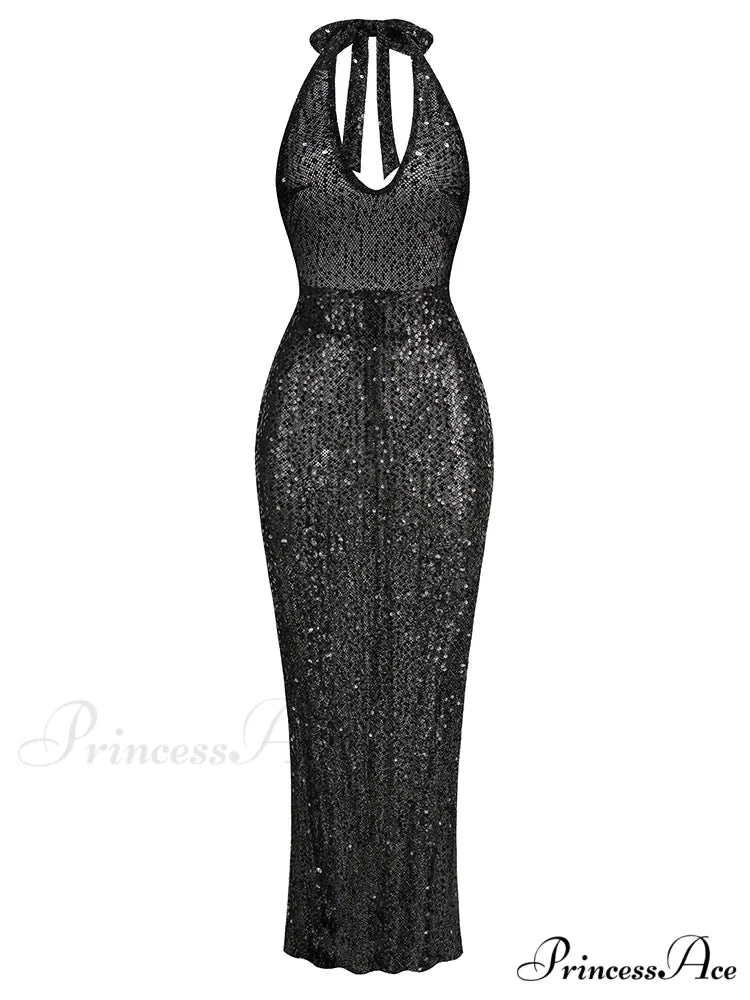 Sexy Halter Neck Lace-up Sparkly Sequins Silver Black Backless Christmas Party Dress Black / XS