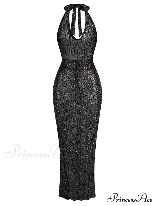 Sexy Halter Neck Lace-up Sparkly Sequins Silver Black Backless Christmas Party Dress Black / XS