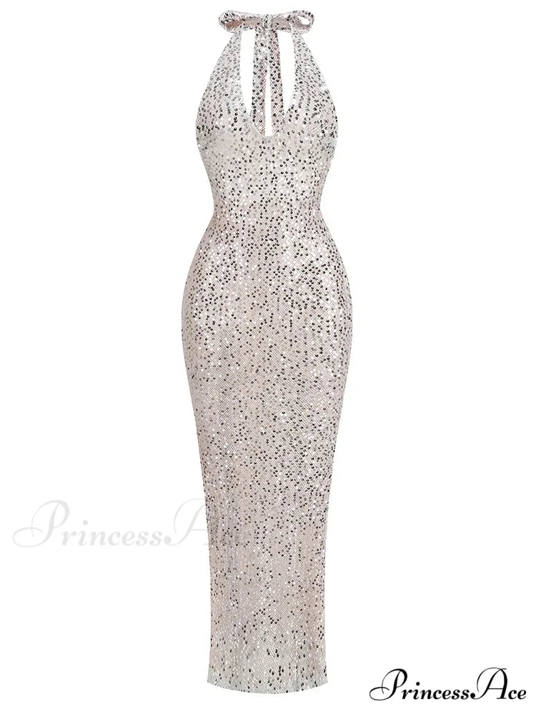 Sexy Halter Neck Lace-up Sparkly Sequins Silver Black Backless Christmas Party Dress Silver / XS