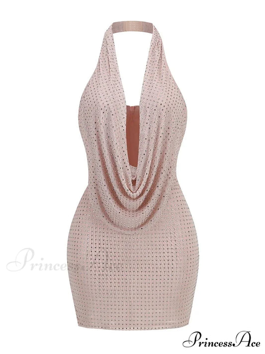Sexy Halter Neck Low Cut Diamonds Mini Nude Christmas Party Dress pink / S