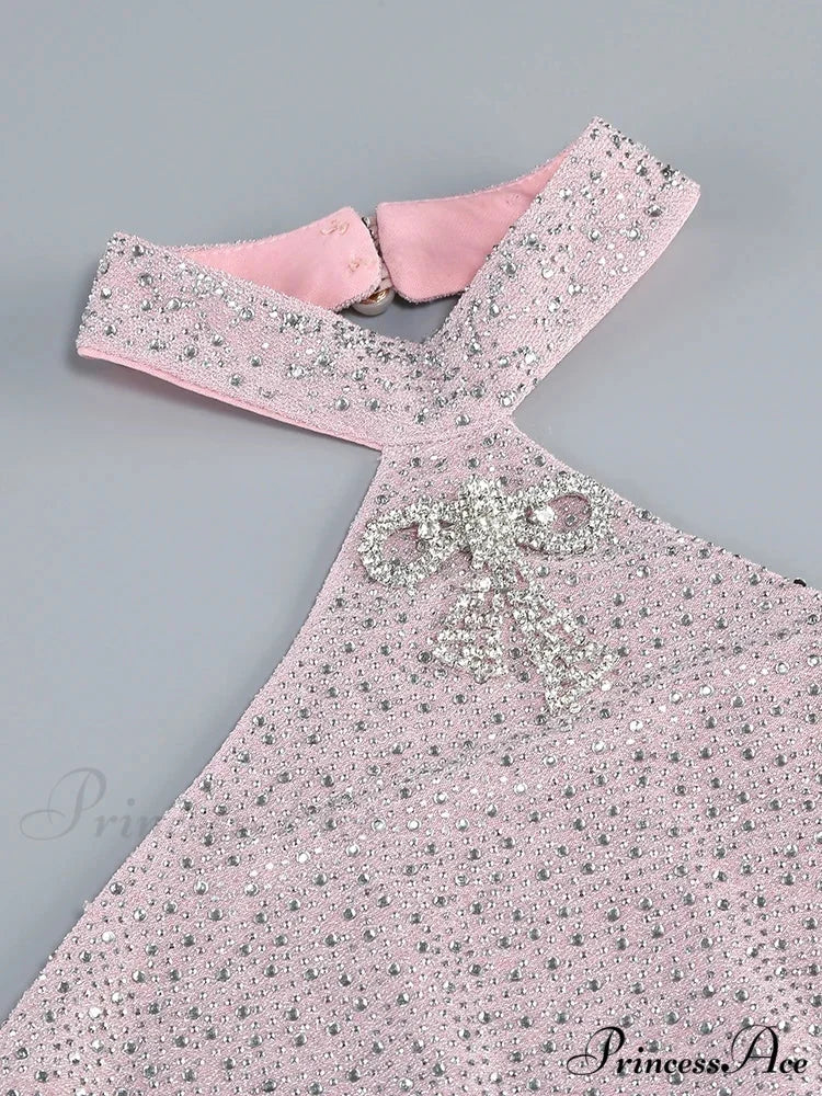 Sexy Halter Neck Shiny Diamonds Bow Maxi Dress Backless Christmas Party Dress