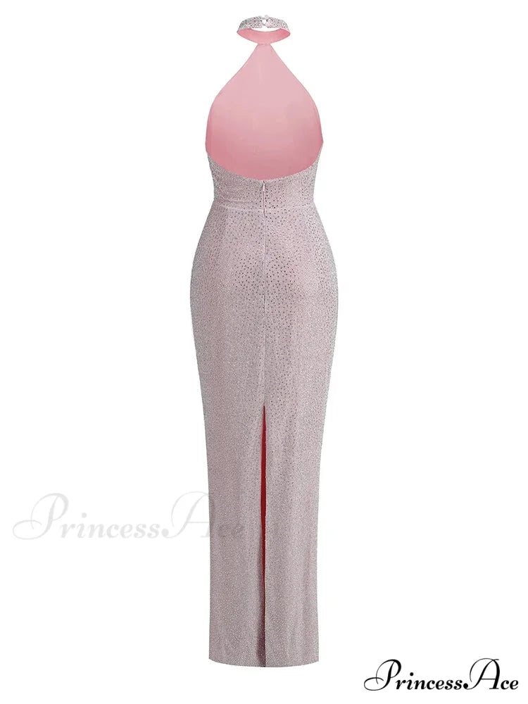 Sexy Halter Neck Shiny Diamonds Bow Maxi Dress Backless Christmas Party Dress