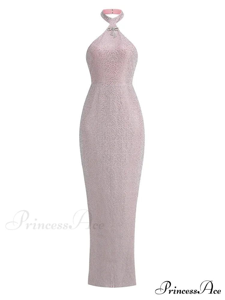 Sexy Halter Neck Shiny Diamonds Bow Maxi Dress Backless Christmas Party Dress Pink / XS
