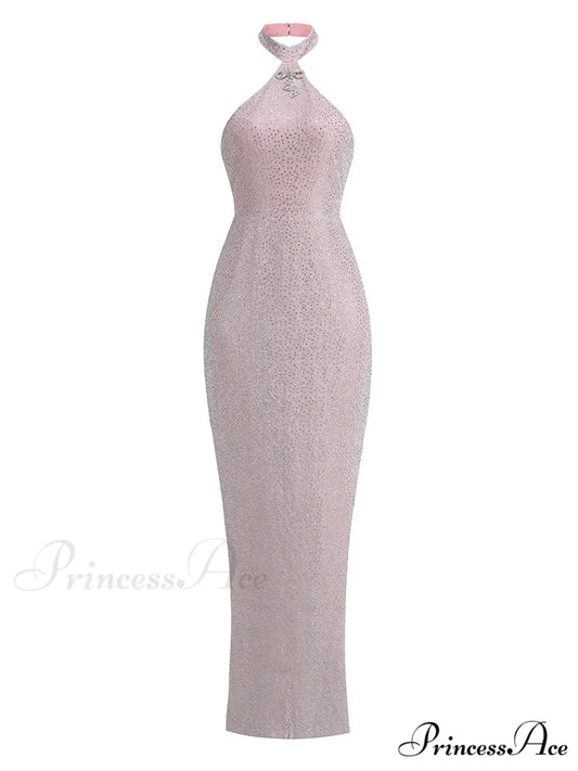Sexy Halter Neck Shiny Diamonds Bow Maxi Dress Backless Christmas Party Dress Pink / XS