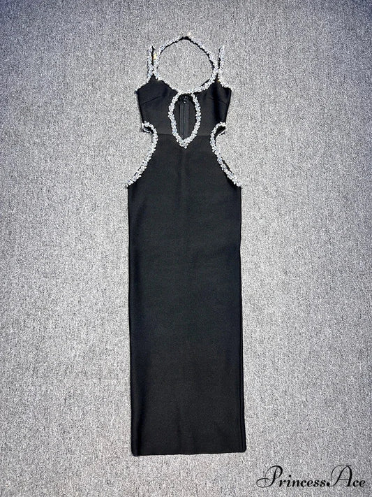Sexy Halter Neck Sling Hollow Out Crystal Bandage Dress Long Christmas Party Dress Black / XS