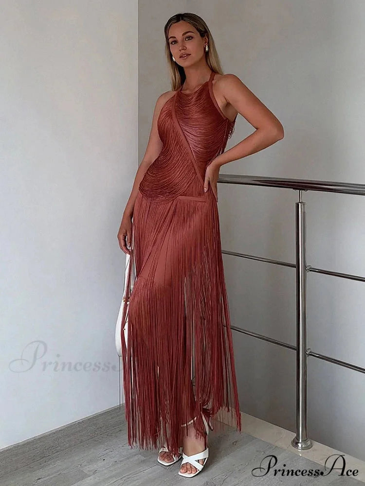 Sexy Halter Sleeveless Tassel Patchwork Bandage Dress Backless Fringe Christmas Party Dress