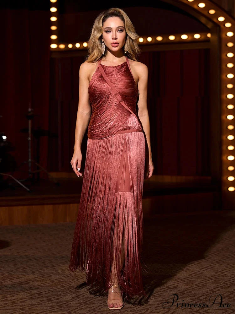 Sexy Halter Sleeveless Tassel Patchwork Bandage Dress Backless Fringe Christmas Party Dress