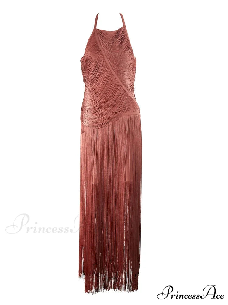 Sexy Halter Sleeveless Tassel Patchwork Bandage Dress Backless Fringe Christmas Party Dress Brown / XS