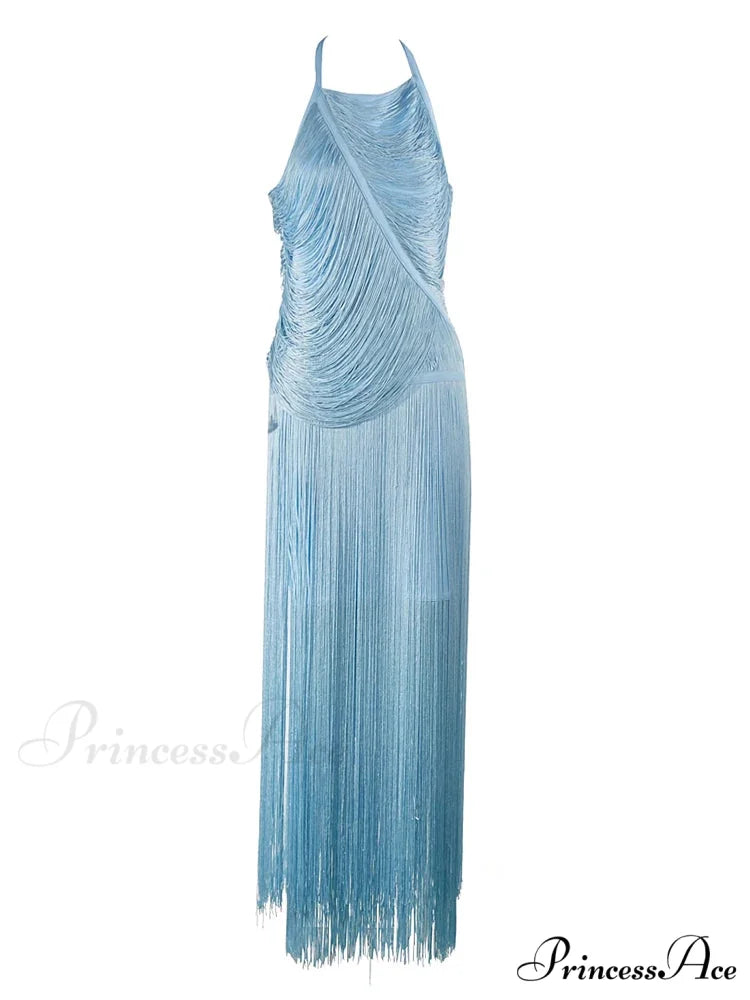 Sexy Halter Sleeveless Tassel Patchwork Bandage Dress Backless Fringe Christmas Party Dress SKY BLUE / XS