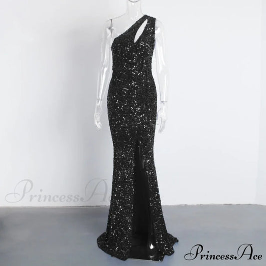 Sexy Hole Cut Out Grey Sparkle Sequins Maxi Dress black / XS