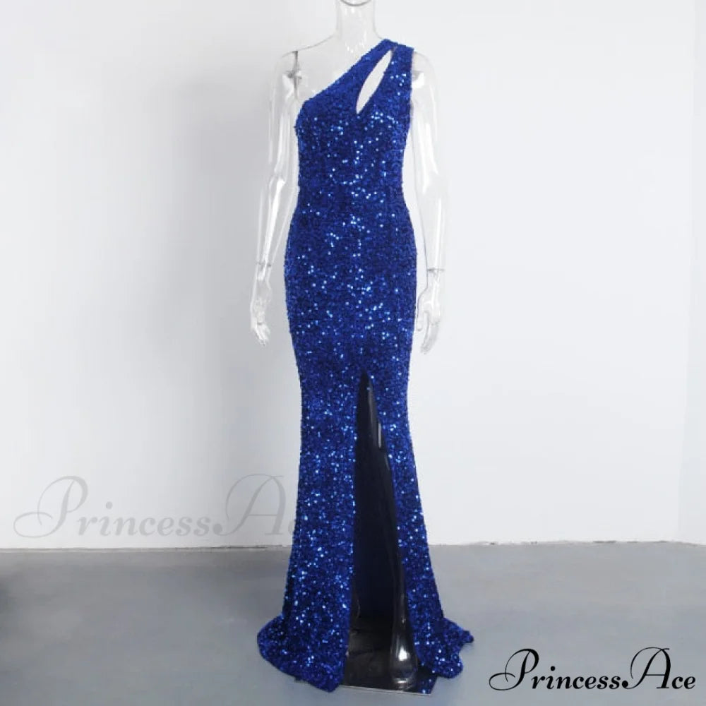 Sexy Hole Cut Out Grey Sparkle Sequins Maxi Dress Blue / XS