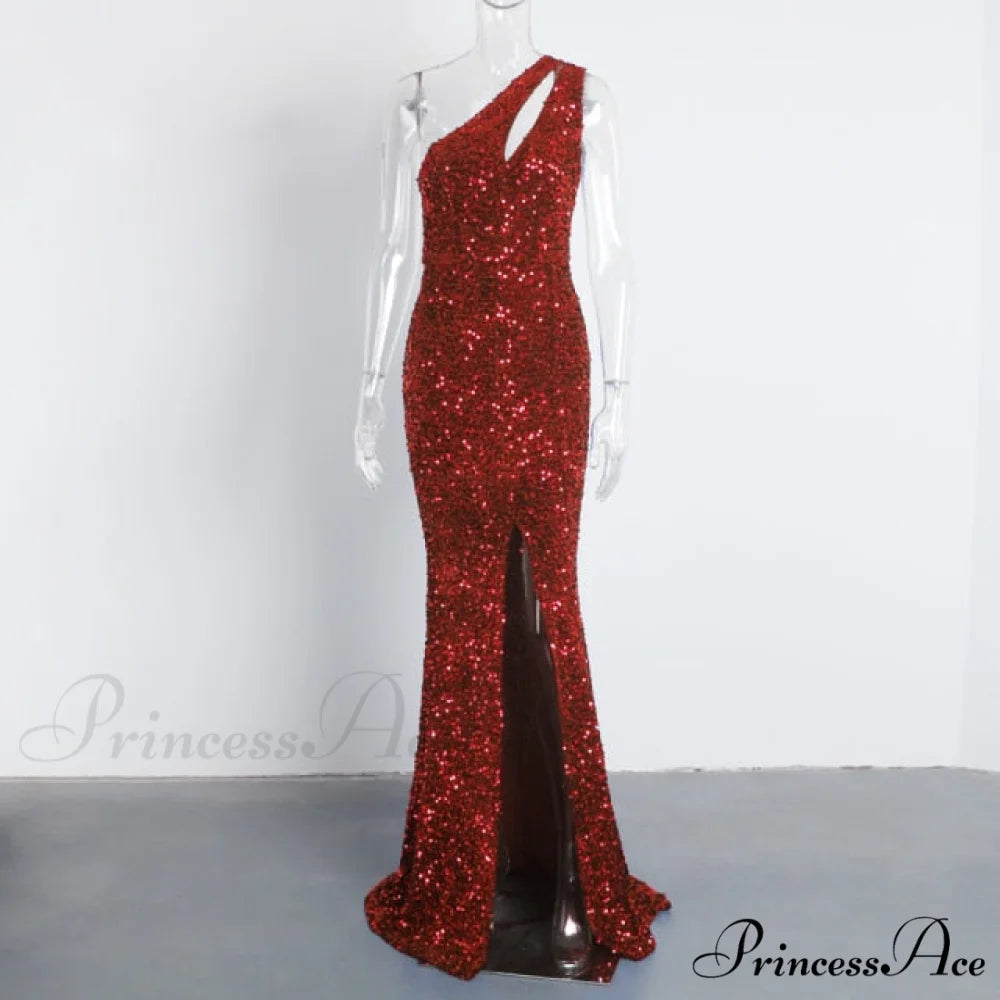 Sexy Hole Cut Out Grey Sparkle Sequins Maxi Dress Red / XS