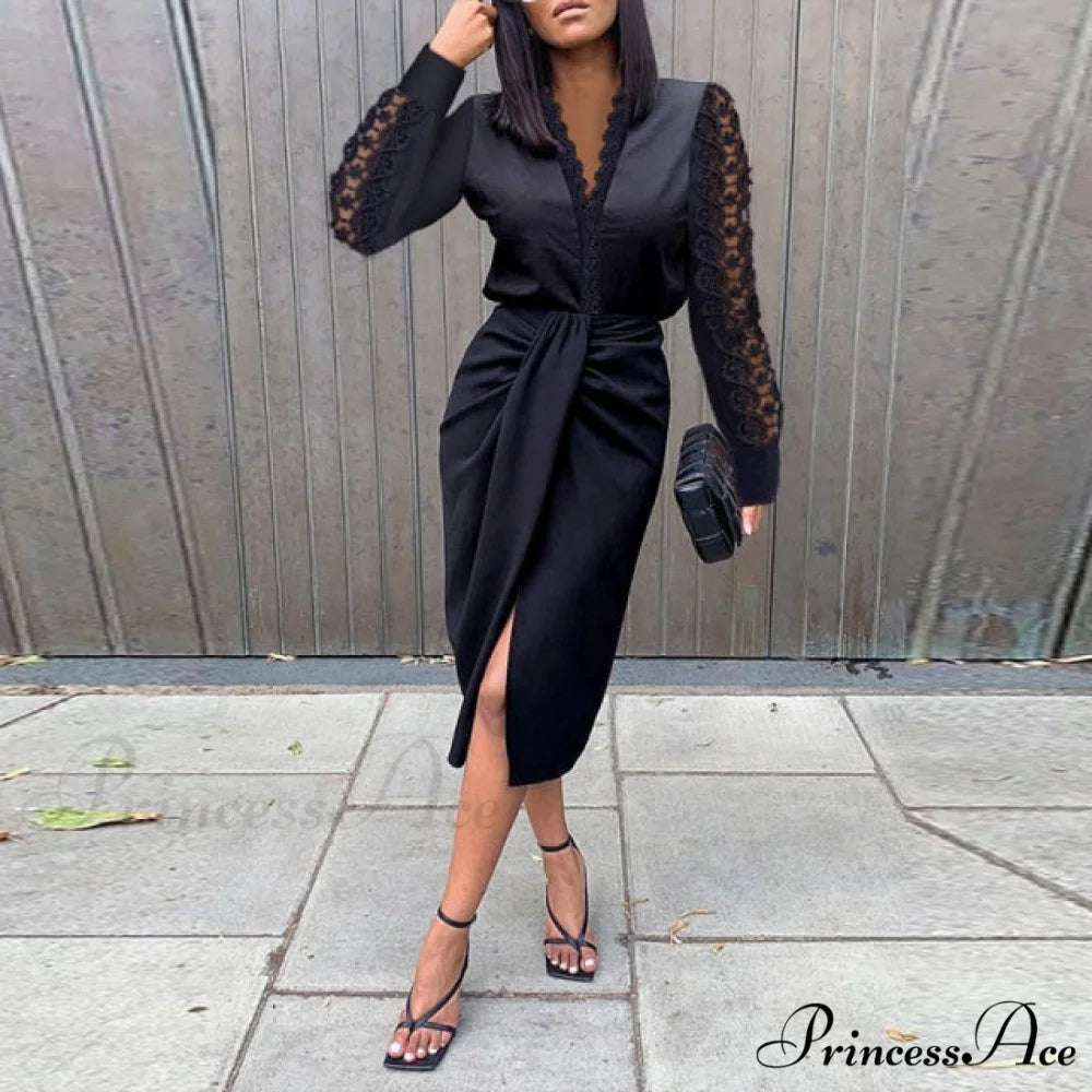 Sexy Hollow Out Lace Party Dress Lace Black / S