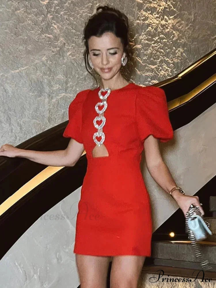 Sexy Hollow Out Slim Mini Puff Sleeve Red Christmas Party Dress Red / S