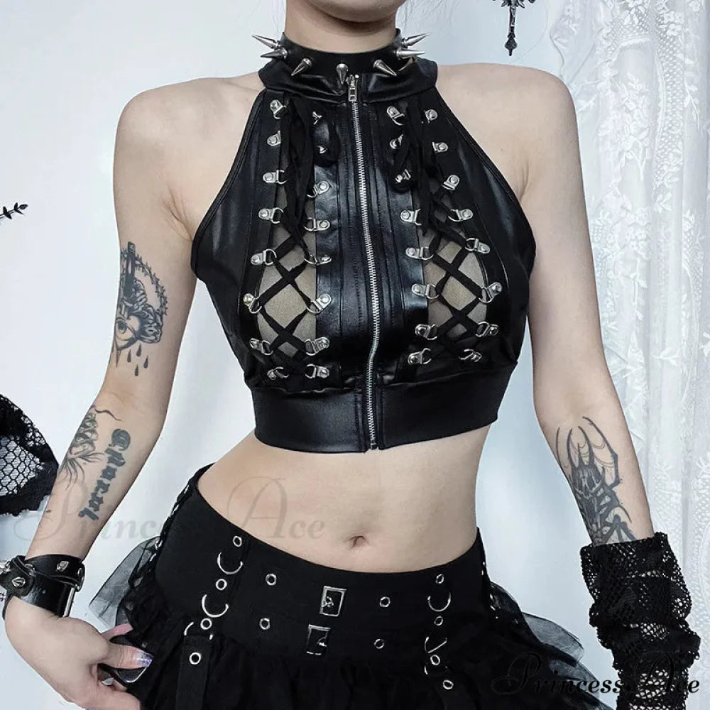 Sexy Hollowed Out Gothic Lace Up Bandage Y2k Crop Top BLACK / S