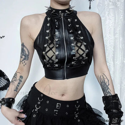 Sexy Hollowed Out Gothic Lace Up Bandage Y2k Crop Top BLACK / S