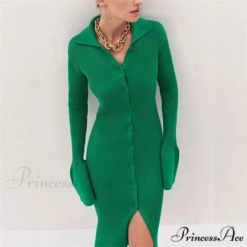 Sexy Knitted Cardigan Women Female Fashion Slim Solid Autumn Winter Flare Sleeve Female Vestidos GREEN / S