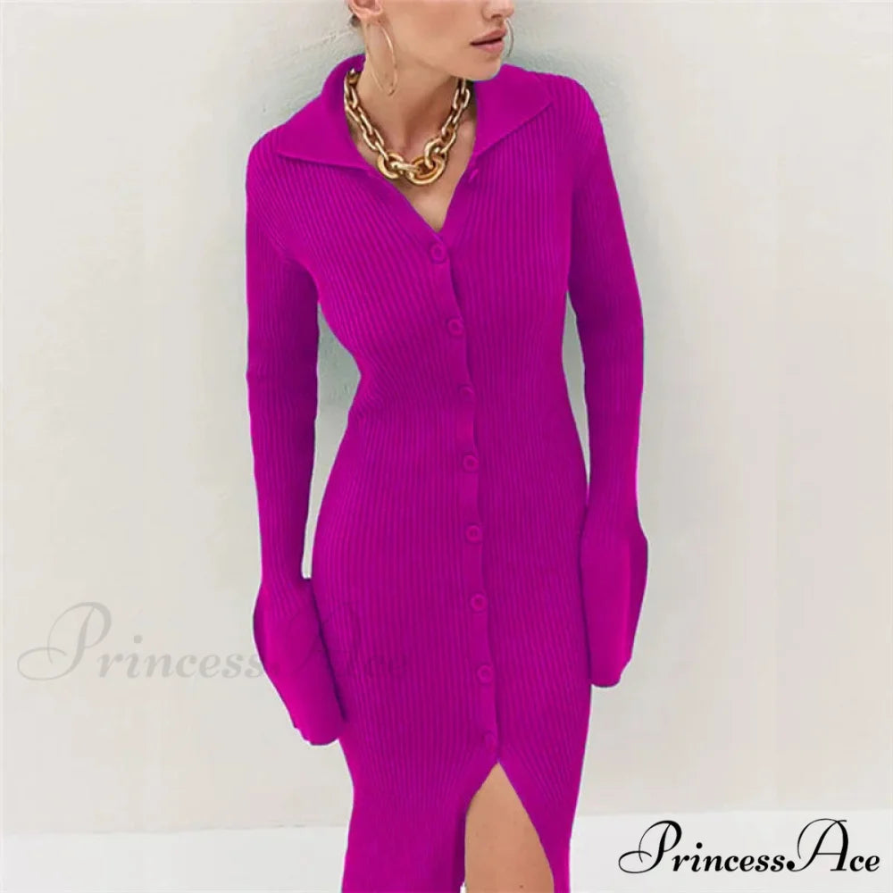Sexy Knitted Cardigan Women Female Fashion Slim Solid Autumn Winter Flare Sleeve Female Vestidos HOT PURPLE / S