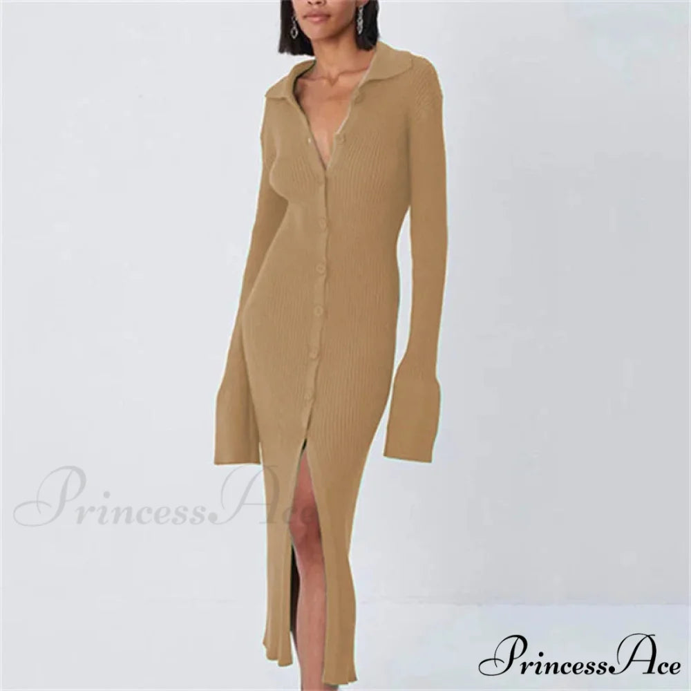 Sexy Knitted Cardigan Women Female Fashion Slim Solid Autumn Winter Flare Sleeve Female Vestidos KHAKI / S