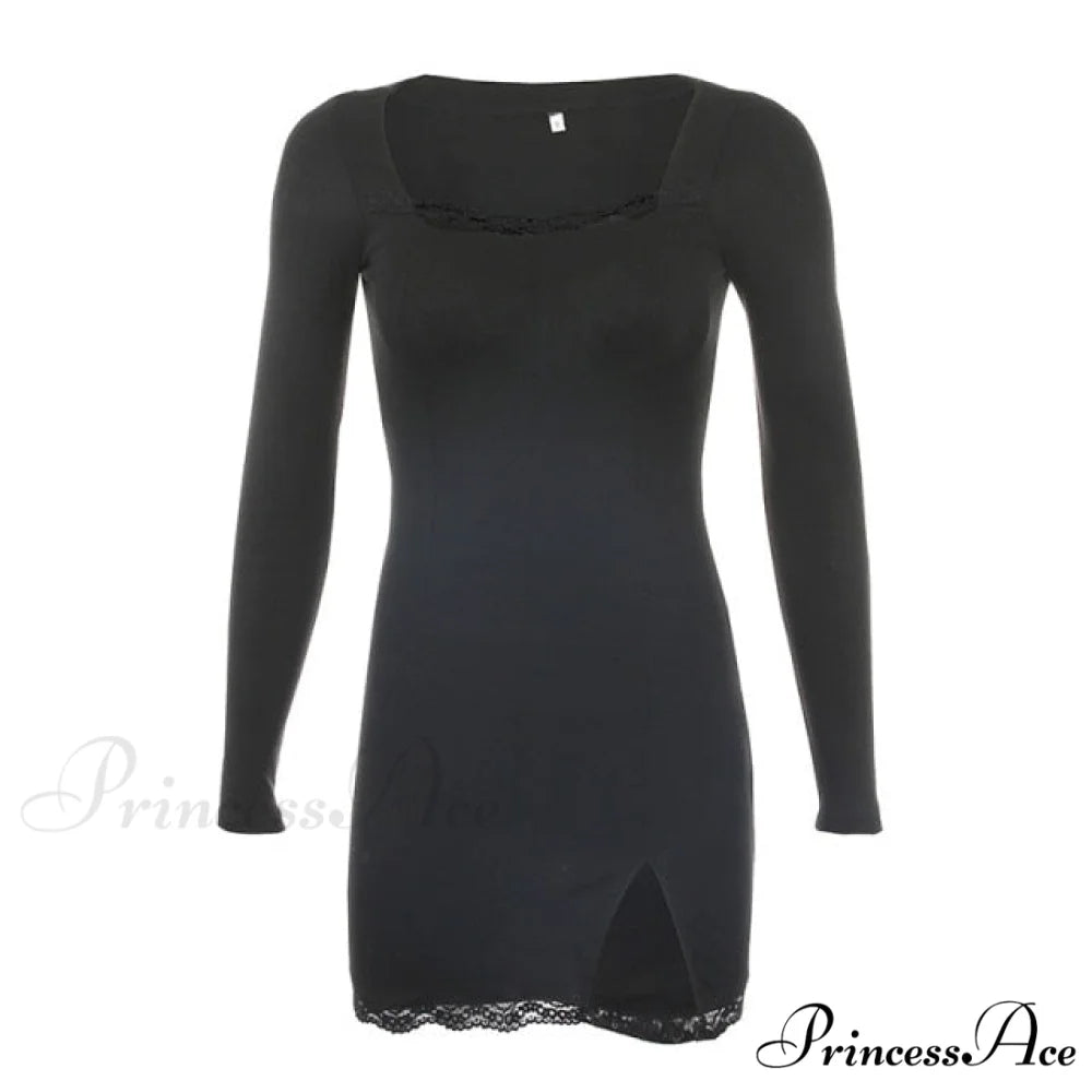 Sexy Lace Bandage Bodycon Short Mini Dress Black long sleeve / S