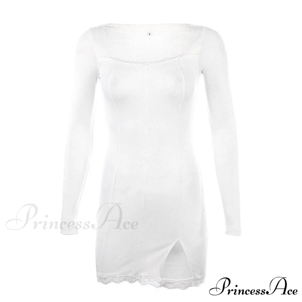 Sexy Lace Bandage Bodycon Short Mini Dress White long sleeve / S