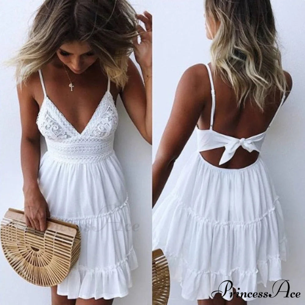 Sexy Lace Spaghetti Strap White Dress white / S