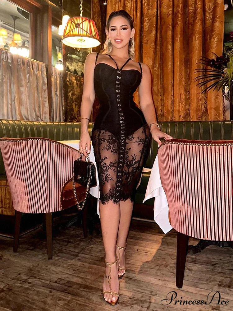 Sexy Lace Two-Piece Black Sleeveless Hook-Front See Through Evening Christmas Party Dress