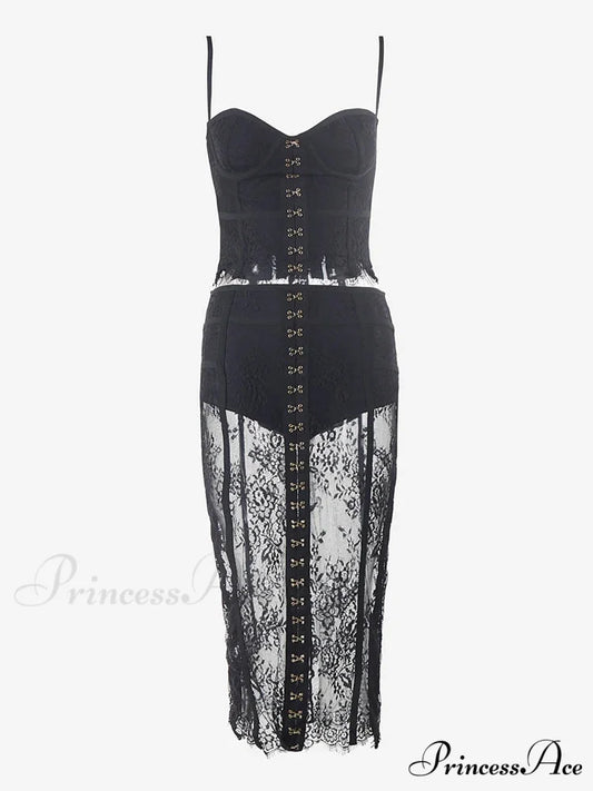 Sexy Lace Two-Piece Black Sleeveless Hook-Front See Through Evening Christmas Party Dress Black / S