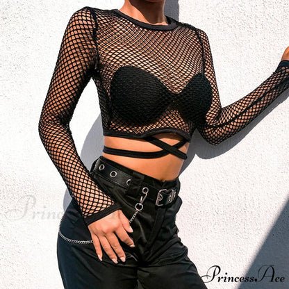 Sexy Lace-up Fishing Net Short Black Hollow Out Stylish Elegant Trendy Chic Crop Top S