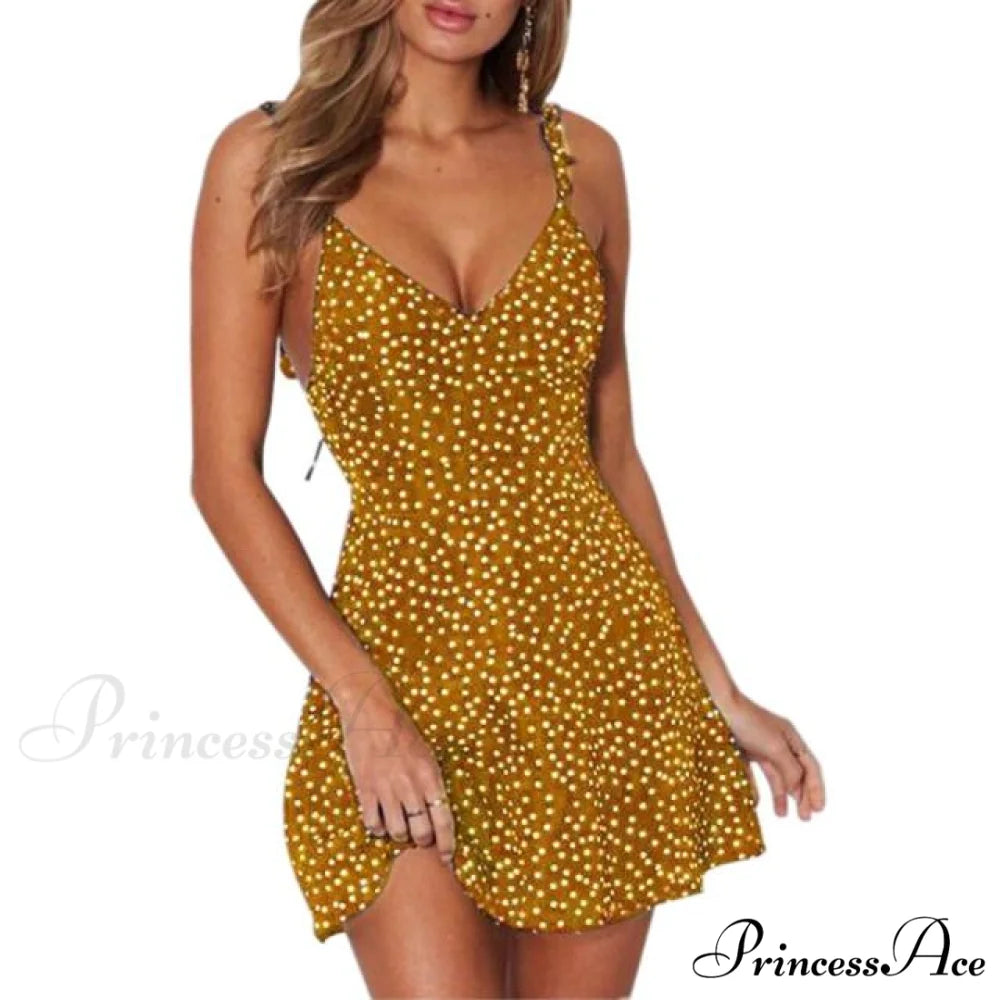 Sexy Ladies High Waist Dot Printing Mini Dresses Yellow / S