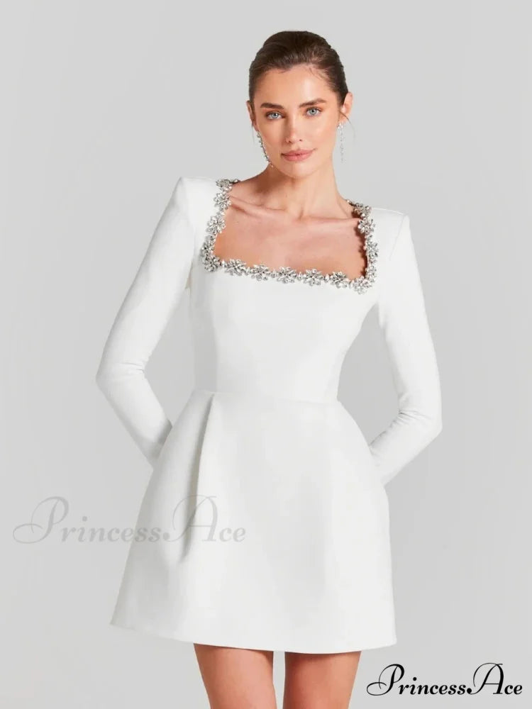 Sexy Long Sleeves Square Collar Crystal A-Line Slim Dress Elegant Christmas Party Dress