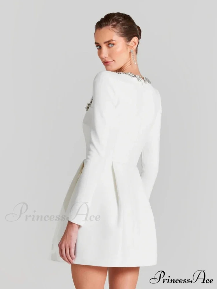 Sexy Long Sleeves Square Collar Crystal A-Line Slim Dress Elegant Christmas Party Dress