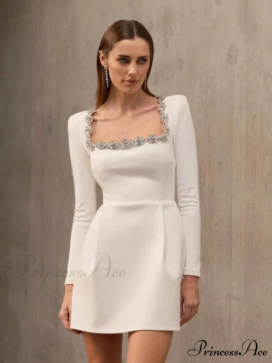 Sexy Long Sleeves Square Collar Crystal A-Line Slim Dress Elegant Christmas Party Dress