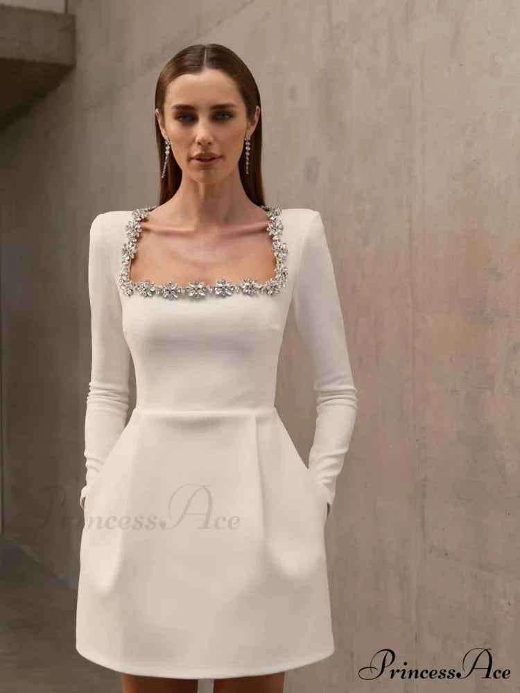 Sexy Long Sleeves Square Collar Crystal A-Line Slim Dress Elegant Christmas Party Dress