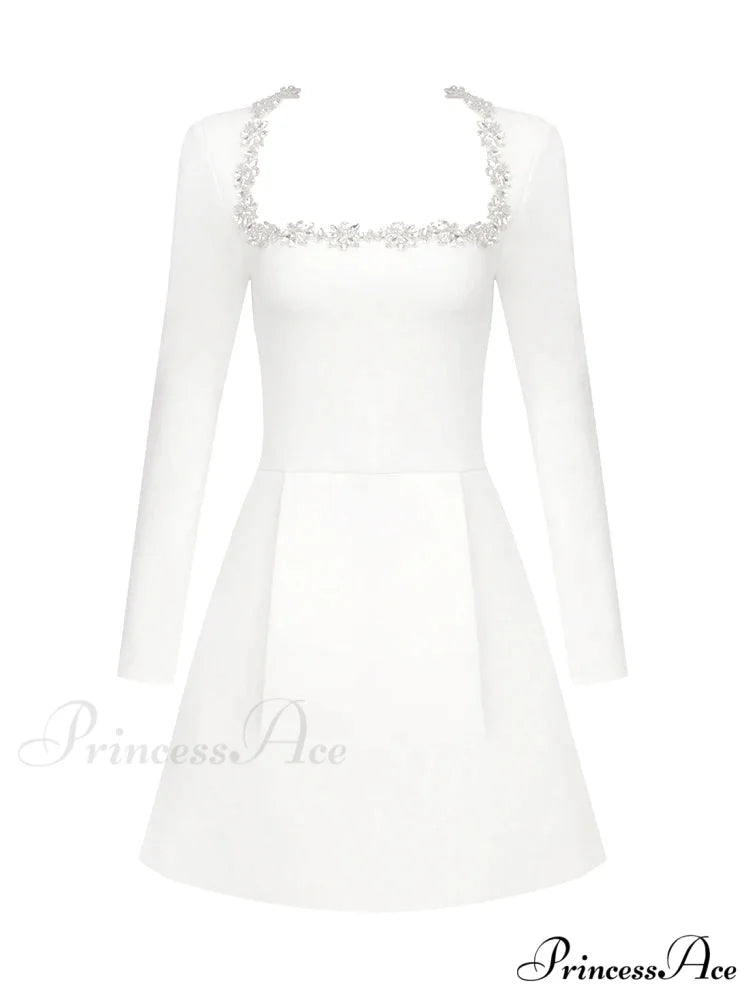 Sexy Long Sleeves Square Collar Crystal A-Line Slim Dress Elegant Christmas Party Dress WHITE / XS