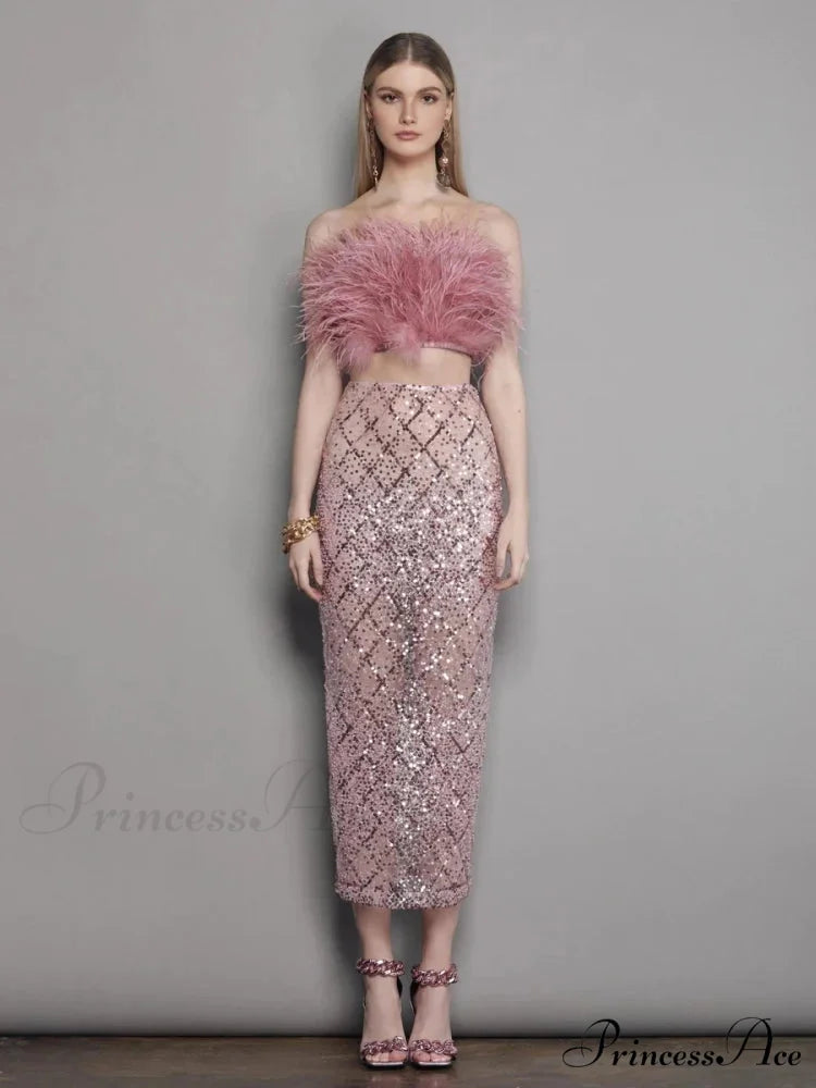 Sexy Luxury Sequins Feather Strapless Top Skirt Two Piece Set Christmas Party Dress