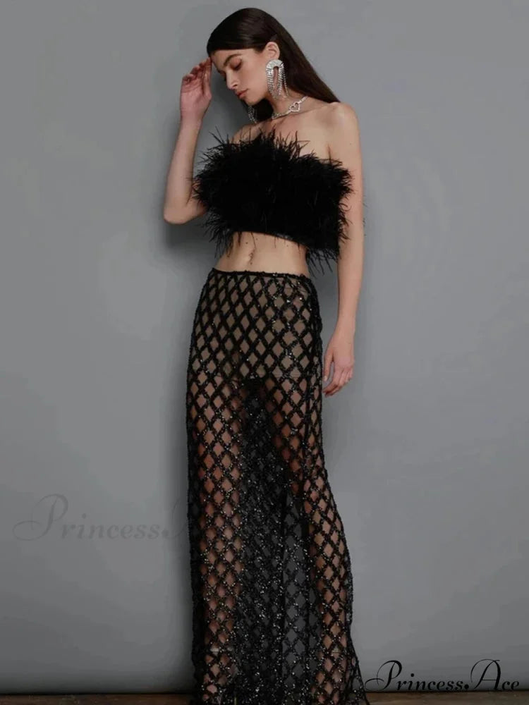 Sexy Luxury Sequins Feather Strapless Top Skirt Two Piece Set Christmas Party Dress