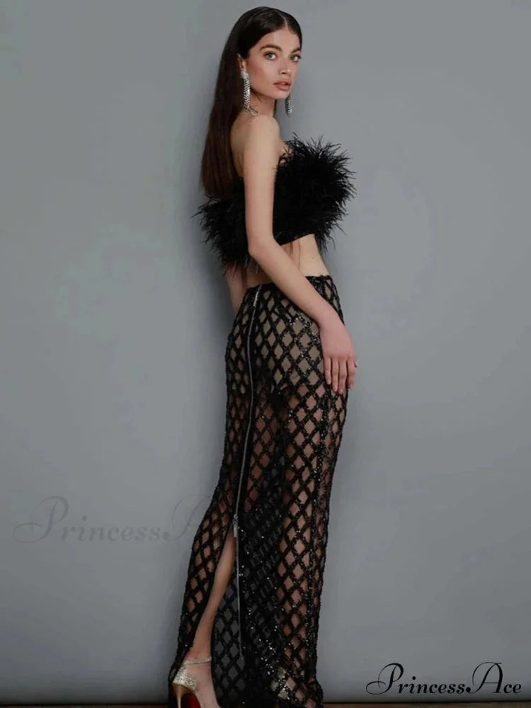 Sexy Luxury Sequins Feather Strapless Top Skirt Two Piece Set Christmas Party Dress