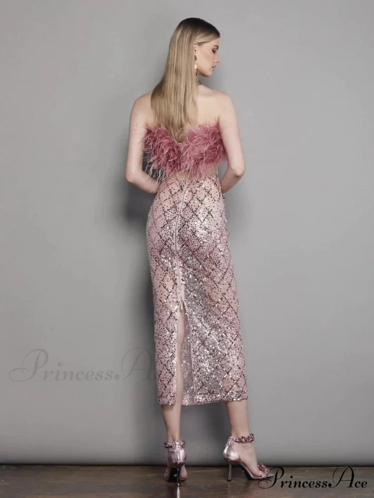 Sexy Luxury Sequins Feather Strapless Top Skirt Two Piece Set Christmas Party Dress