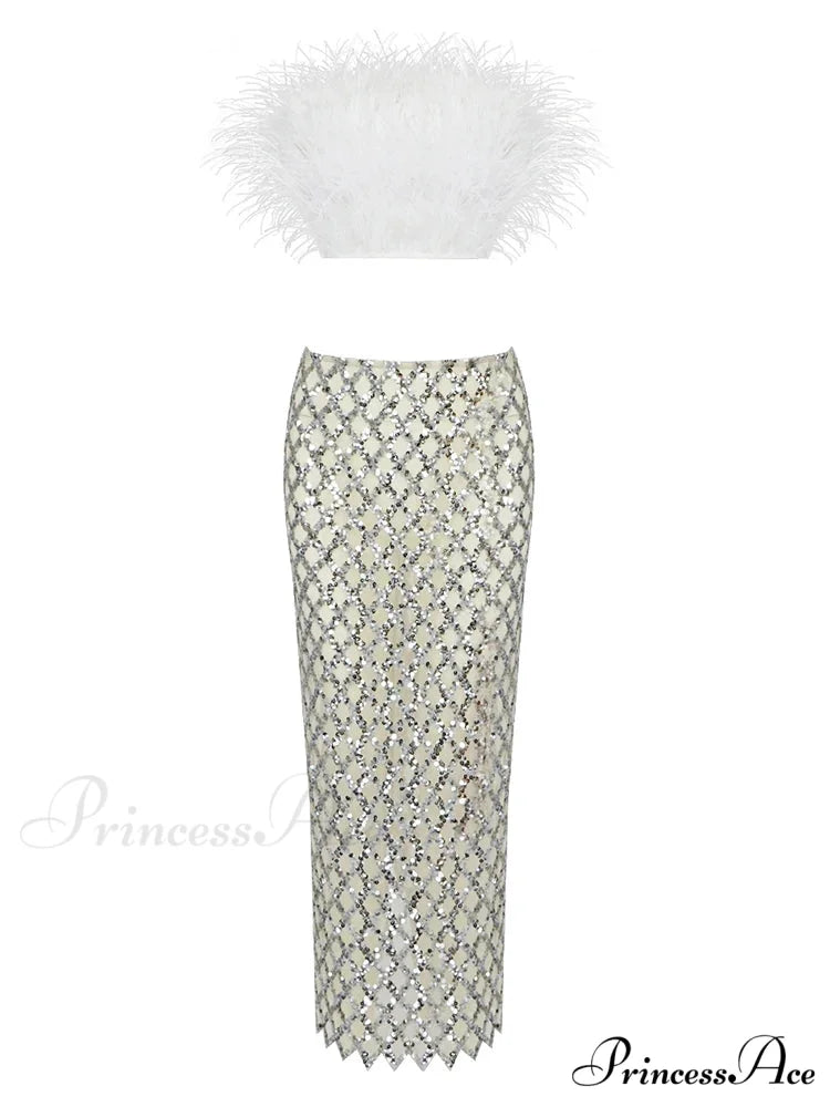 Sexy Luxury Sequins Feather Strapless Top Skirt Two Piece Set Christmas Party Dress White / S