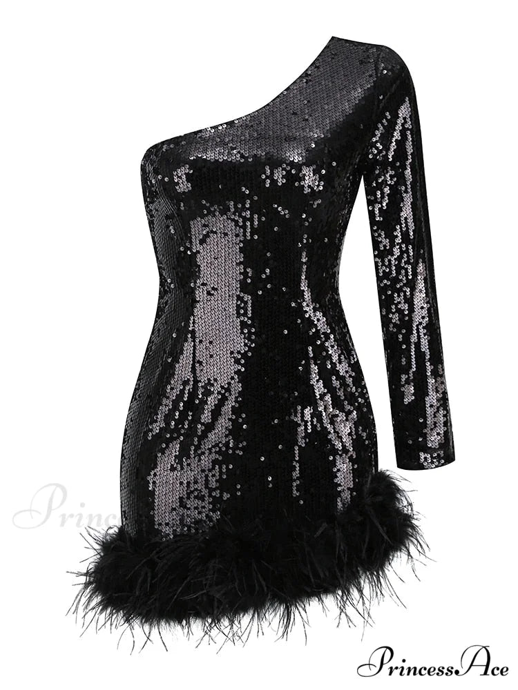 Sexy Luxury Sequins Trendy One Shoulder Mini Dress Black / XS