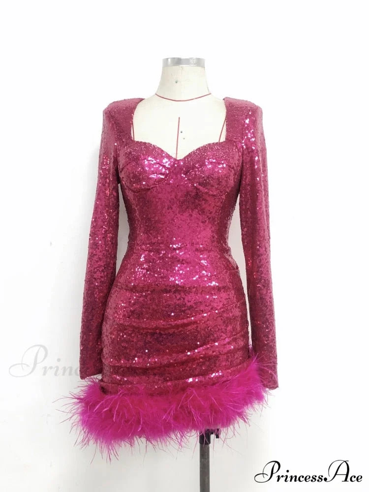 Sexy Luxury Sequins Trendy One Shoulder Mini Dress Fuchsia / XS