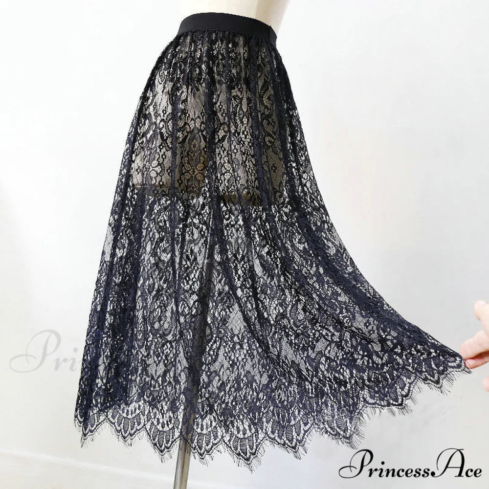 Sexy Mesh Lace Transparent Long Tulle Skirt Lace Black / One Size