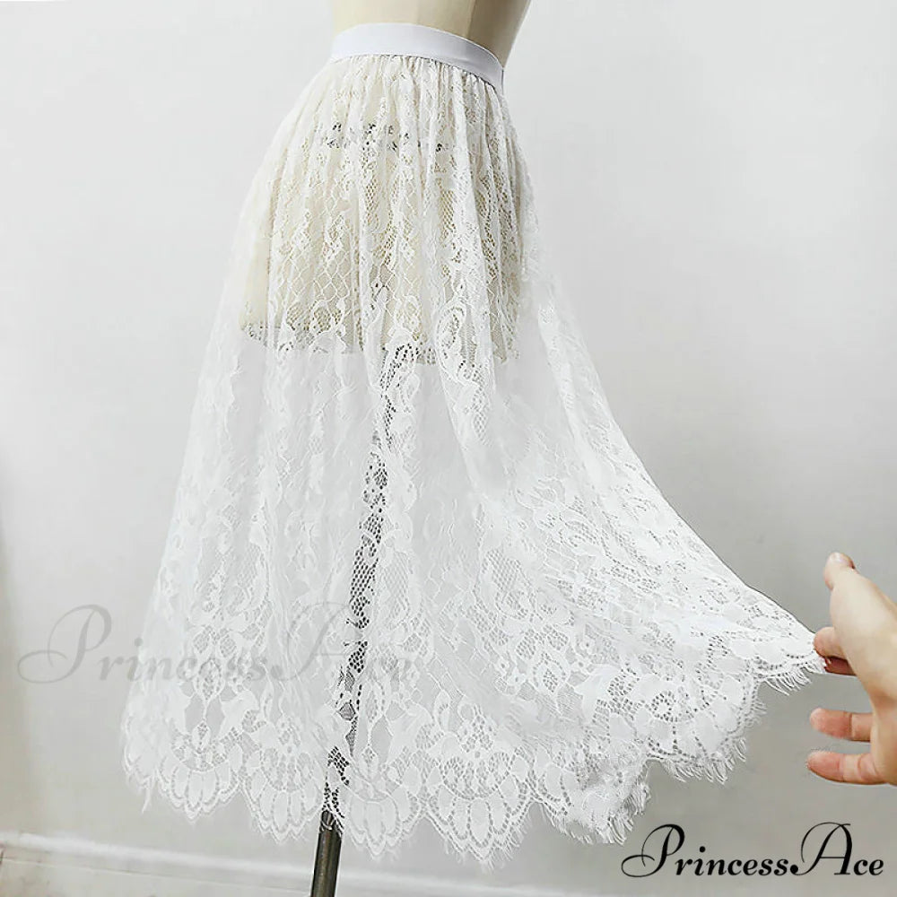 Sexy Mesh Lace Transparent Long Tulle Skirt Lace White / One Size