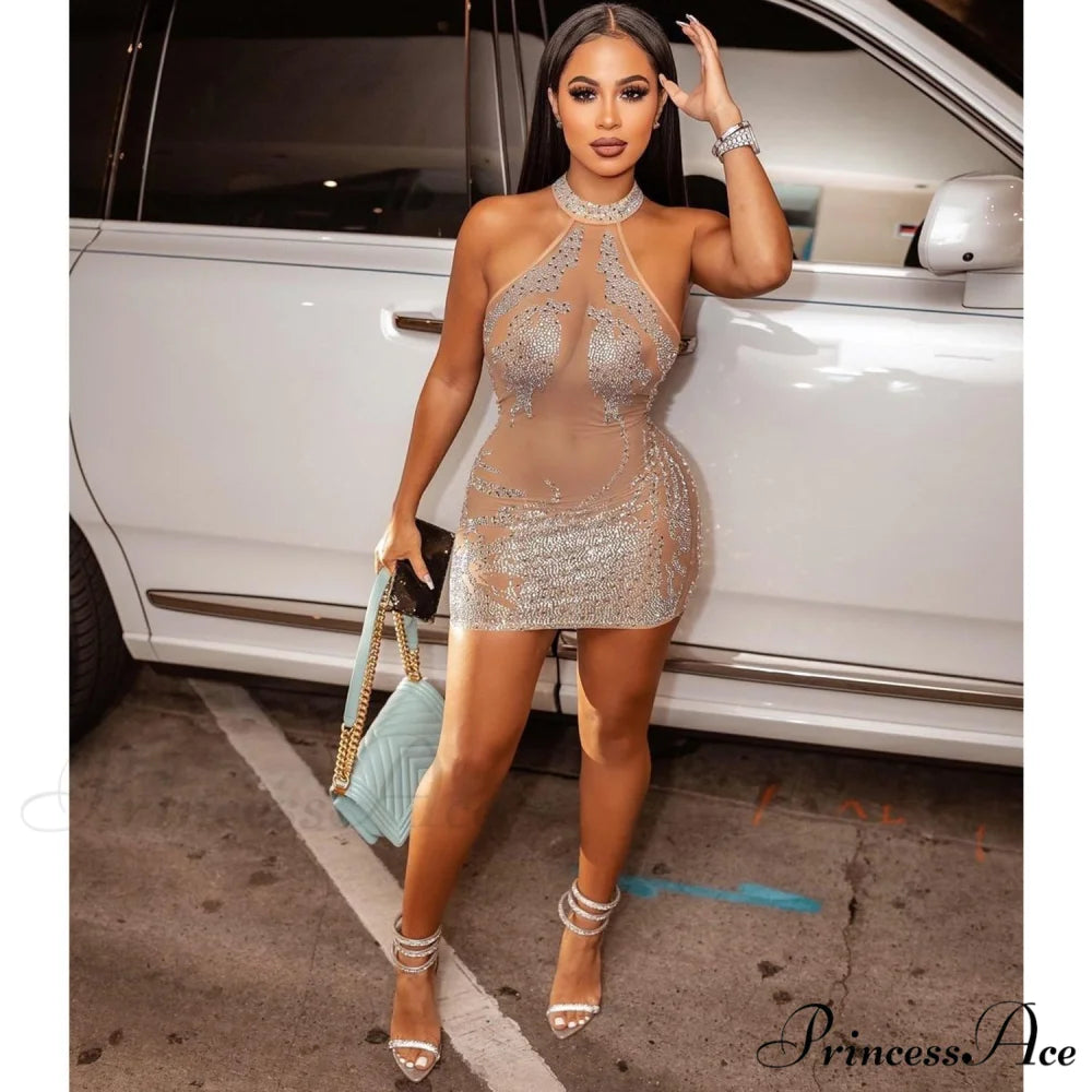 Sexy Mesh Rhinestone Short Prom Evening Mini Dress